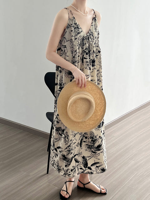 Women Summer Artsy Floral Ink-print Vest Dress