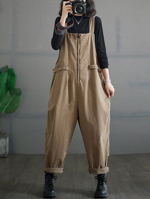 Kvinder efterår Vintage lynlås Casual Løse Solid Jumpsuits