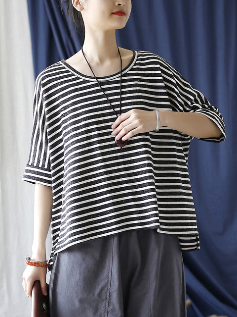 Kvinder Sommer Casual Stripe Løs O-hals skjorte