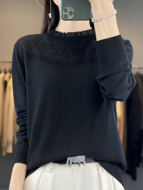 Women Autumn Lacework Neck 100%Wool Loose Sweater