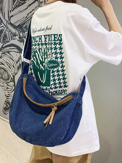 Casual Solid Denim Crossbody-taske med stor kapacitet