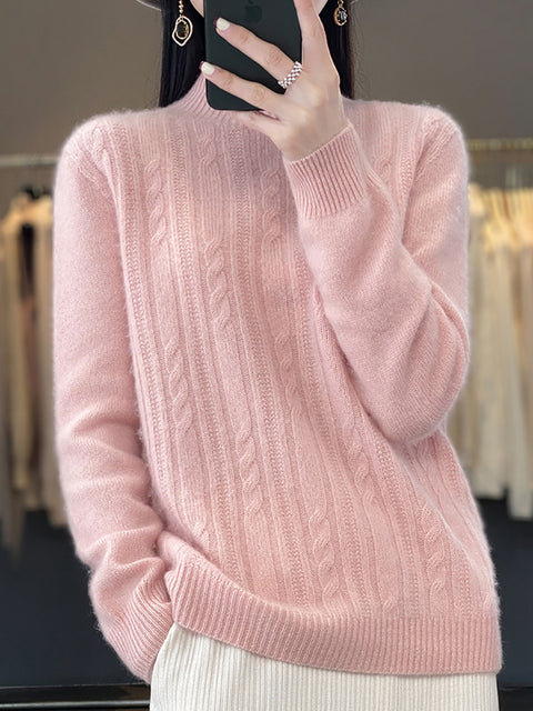 Women Autumn Solid Cable Knit 100%Wool Half Turtleneck Sweater