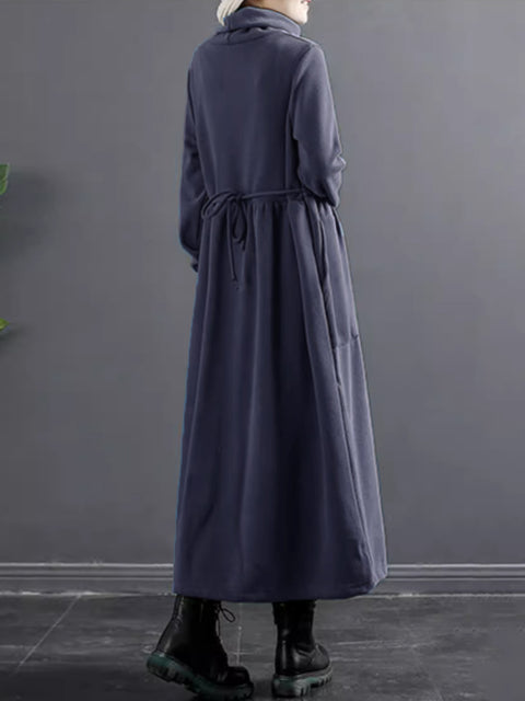 Plus Size Women Pure Color Turtleneck Draped Long Dress