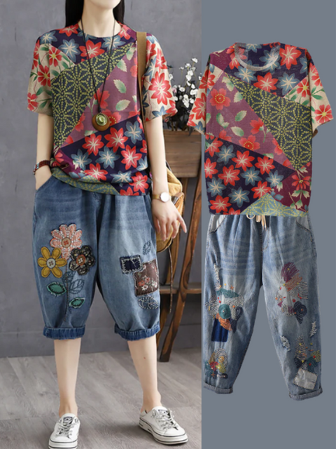 Kvinder Sommer Vintage Stitching Pocket Denim Harem Bukser