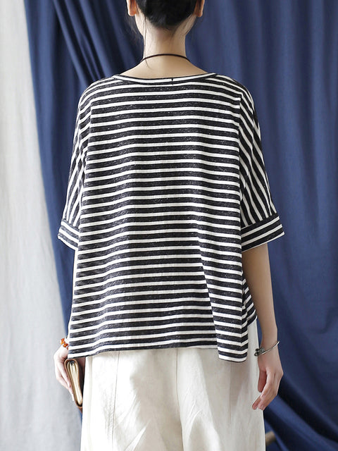 Kvinder Sommer Casual Stripe Løs O-hals skjorte