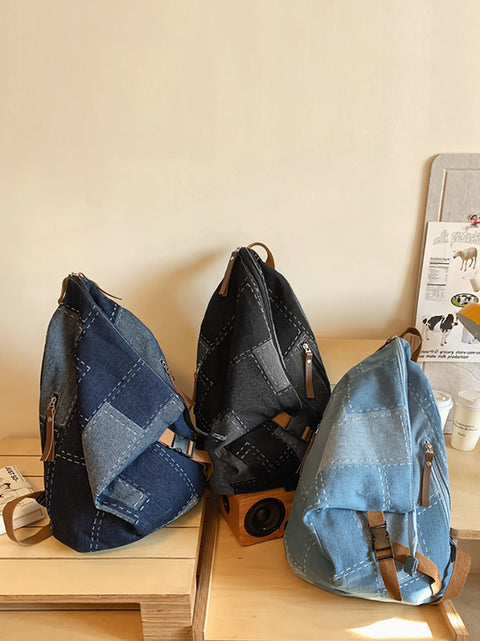 Casual Patch Spliced Denim Backpack