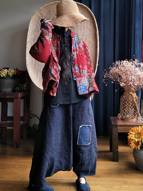 Women Ethnic Flower Button Cotton Jacket