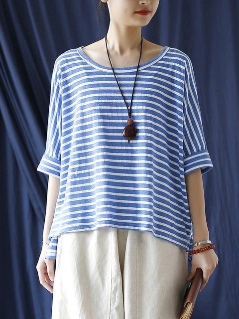 Kvinder Sommer Casual Stripe Løs O-hals skjorte