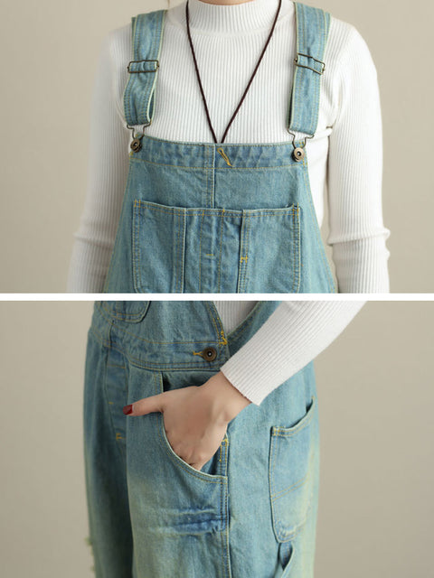 Kvinder Sommer Retro Flossede Pocket High-Wist denim Jumpsuits