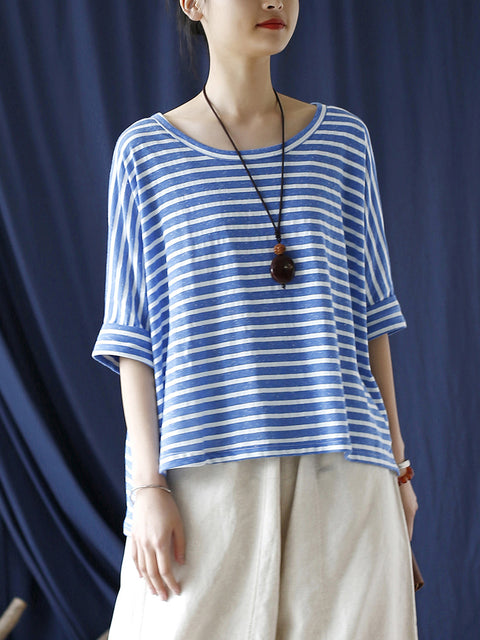 Kvinder Sommer Casual Stripe Løs O-hals skjorte