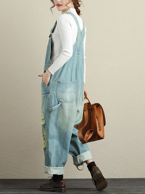 Kvinder Sommer Retro Flossede Pocket High-Wist denim Jumpsuits