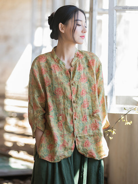 Kvinder Retro Sommer Button Flower Print Skjorte