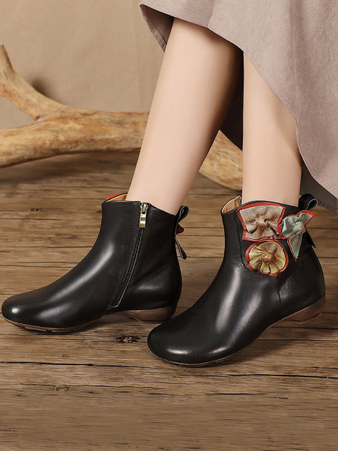 Women Vintage Leather Patch Spliced Low Heel Boots