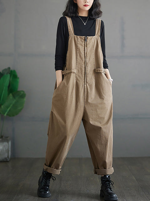 Kvinder efterår Vintage lynlås Casual Løse Solid Jumpsuits