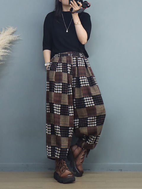 Plus Size Kvinder Autumn Vintage Plaid Harem Pants