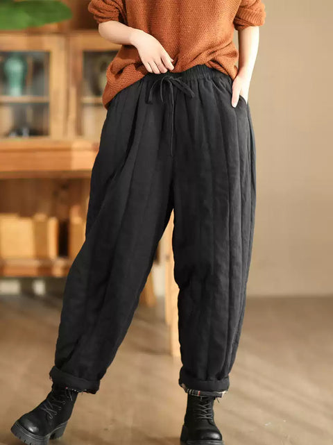 Women Winter Casual Solid Spliced Linen Padded Harem Pants