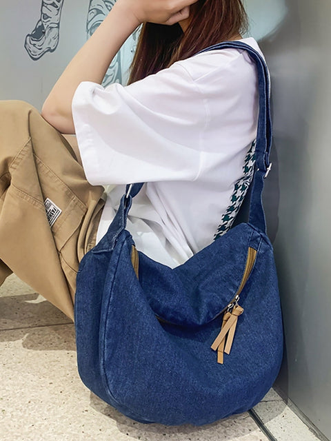 Casual Solid Denim Crossbody-taske med stor kapacitet