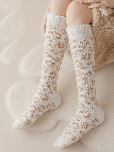 5 Pairs Women Winter Leopard Print Fleece Socks