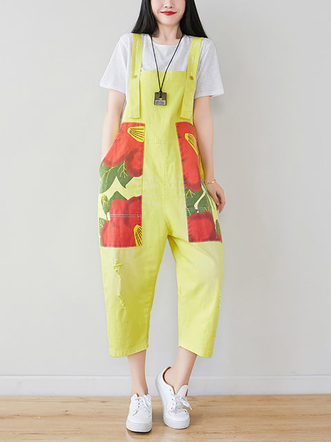 Kvinder Sommer Artsy Flower Patch Splejset Pocket Denim Jumpsuits