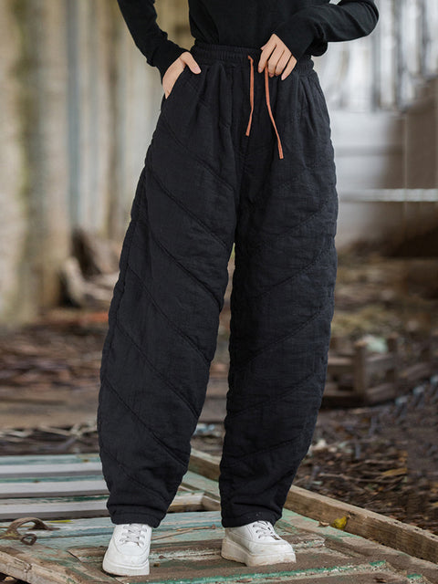 Women Winter Solid Spliced Ramie Padded Harem Pants