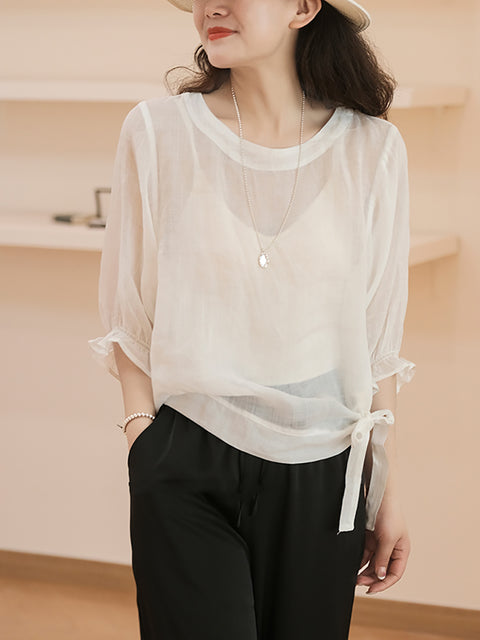 Kvinder Casual Solid Summer Lacework Sleeve Skjorte med snøre