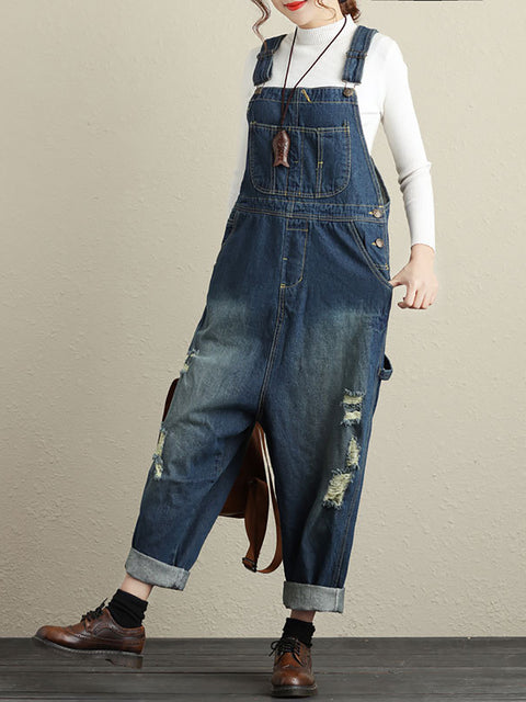 Kvinder Sommer Retro Flossede Pocket High-Wist denim Jumpsuits