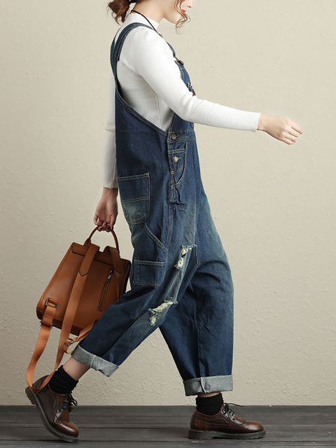 Kvinder Sommer Retro Flossede Pocket High-Wist denim Jumpsuits