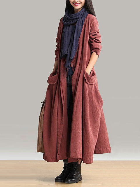 Plus Size Kvinder Ramie Bomuld Autumn Loose Long Coat