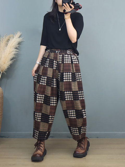 Plus Size Kvinder Autumn Vintage Plaid Harem Pants