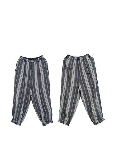 Plus Size Kvinder Retro Stripe Garn-farvet Pocket Linen Harem Pants