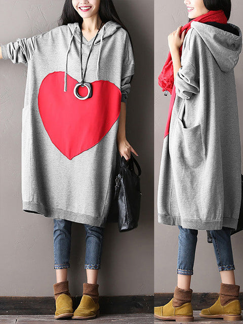 Plus Size Kvinder Casual Red Heart Splejset hættekjole