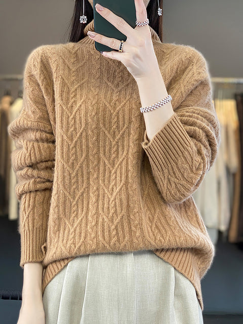 Women Autumn Twist Knit 100%Wool Turtleneck Sweater