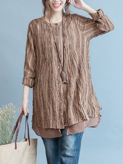 Plus Size Women Vintage Stripe Loose Spliced Cardigan Shirt