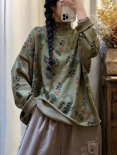 Kvinder Vintage Flower strikket rullekrave sweater