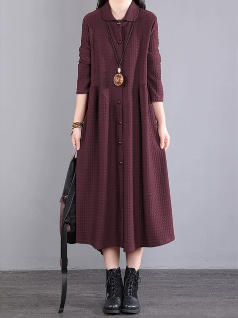 Plus Size Women Autumn Commute Solid Button Loose Dress