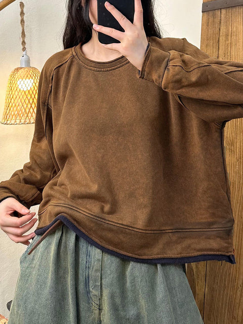 Women Autumn Retro Colorblock O-Neck Cotton Sweatshirt