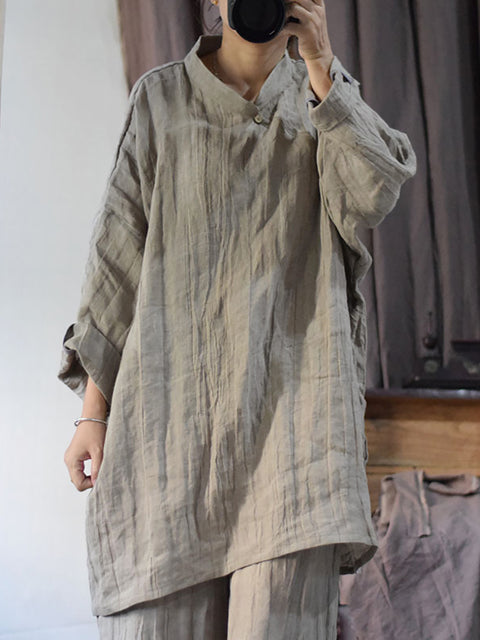 Women Vintage Solid Linen Loose Long Blouse