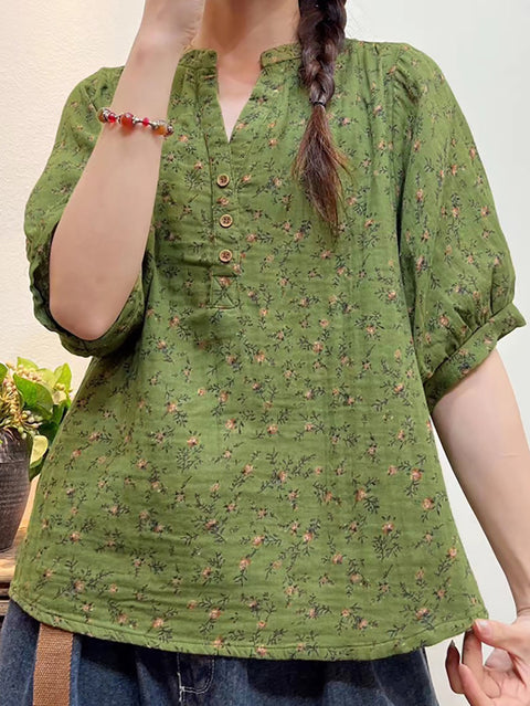 Plus Size Kvinder Sommer Artsy Floral Button Loose Shirt