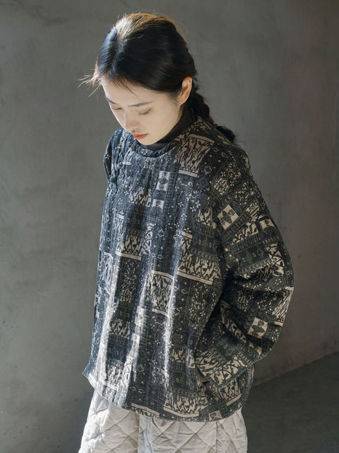 Kvinder Retro Print Bomuld Slant-Closure Coat