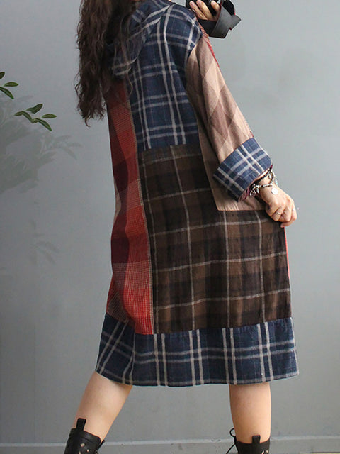 Plus Size Retro Plaid Big Pocket Hooded Dress