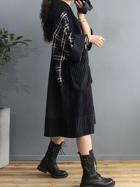 Plus Size Retro Plaid hættekjole med stor lomme