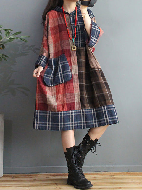 Plus Size Retro Plaid hættekjole med stor lomme