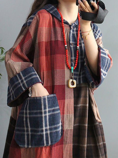 Plus Size Retro Plaid hættekjole med stor lomme