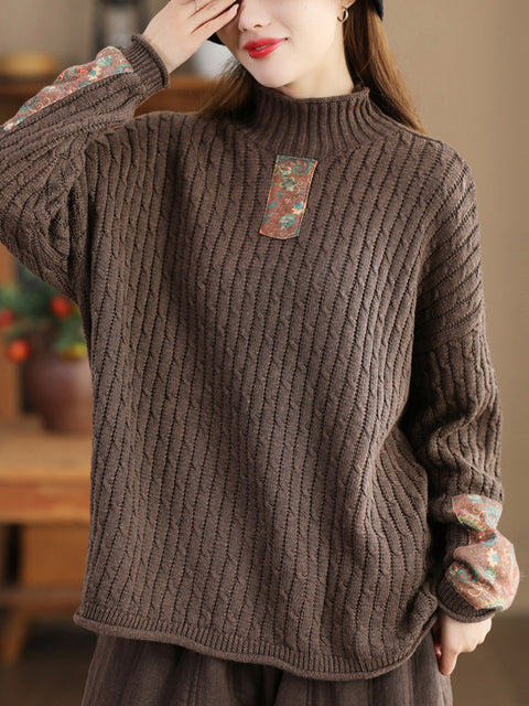 Kvinder Retro Patch Splejset strikket rullekrave sweater