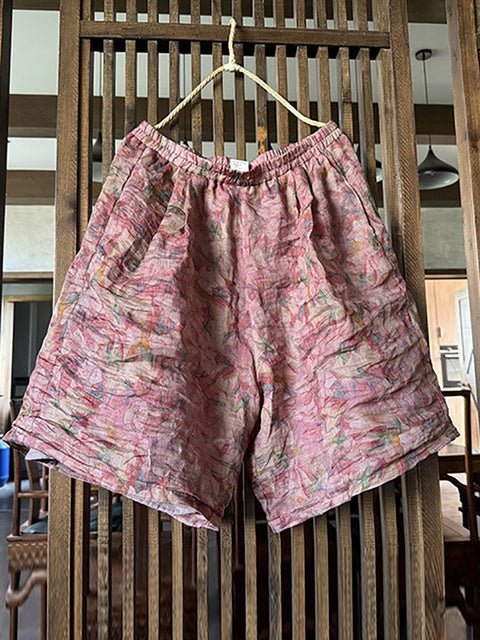 Kvinder Sommer Vintage Flower Loose Ramie Shorts