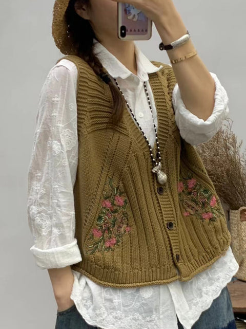 Kvinder Vintage Blomsterbroderi V-hals strikket Vest