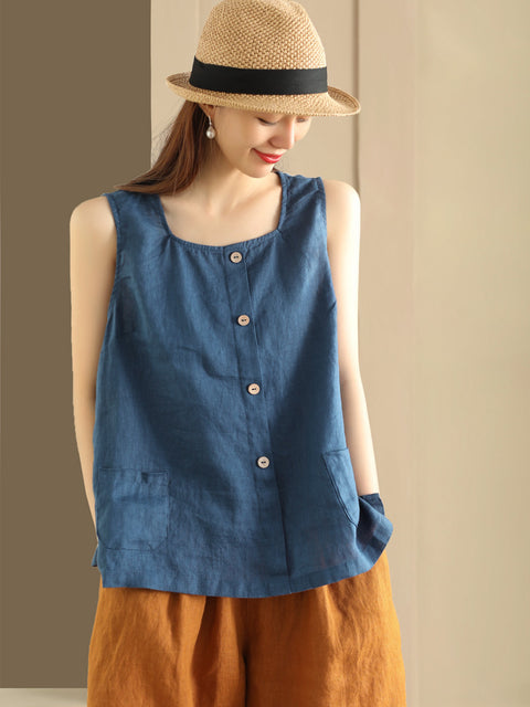 Plus Size Women Summer Solid Loose Button Pocket 100%Linen Vest