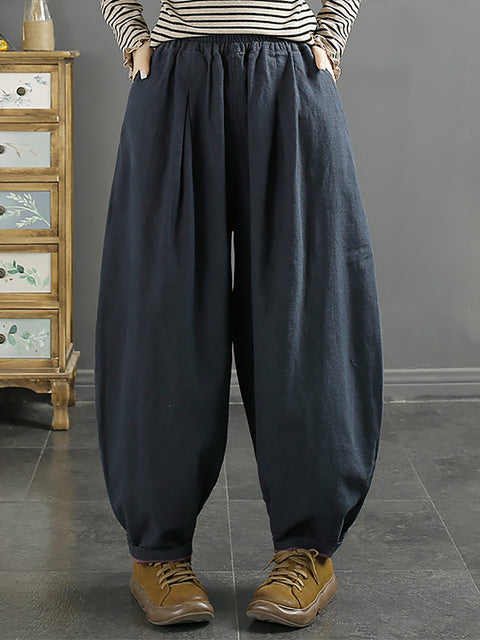 Plus Size Kvinder Autumn 100% Linen Pure Color Loose Harem Pants