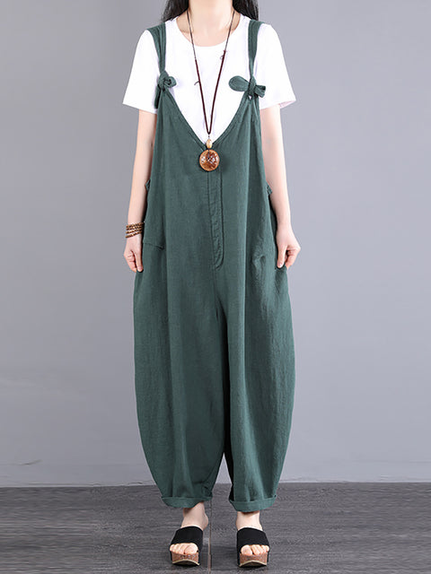 Plus Size Kvinder Vintage Knot V-hals Ramie Løse Jumpsuits