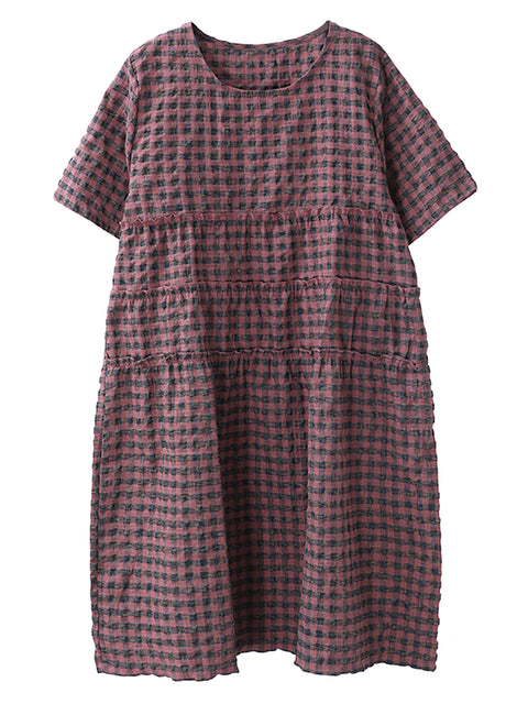 Plus Size sommer plaid rund hals bomuld linned midi kjole